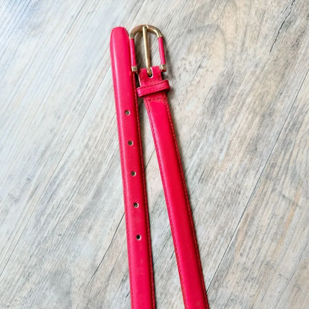 Vintage Red Leather Skinny Belt Gold Buckle Y2K Retro Size M Betty Rockabilly